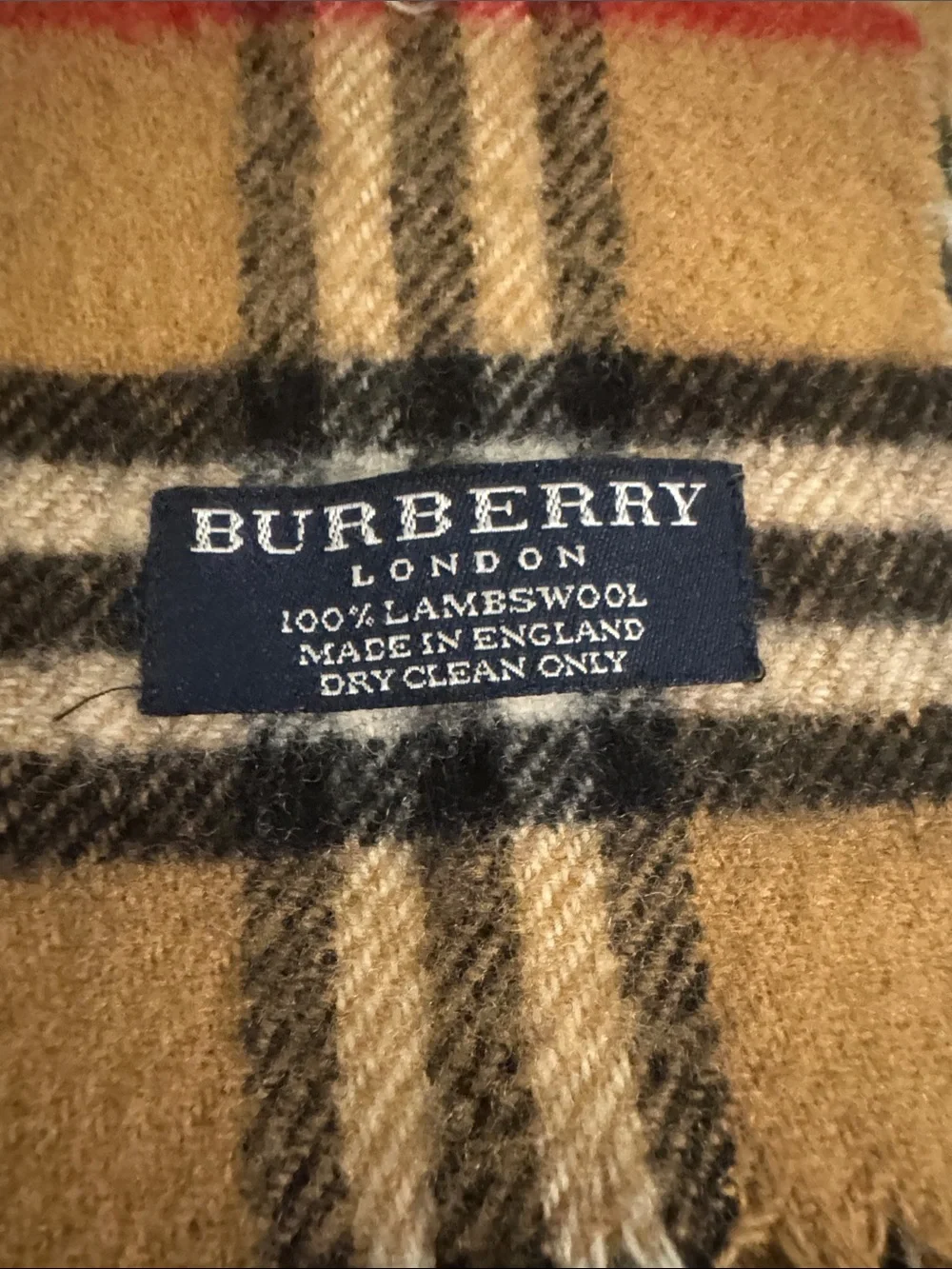 Burberry Tan Black White and Red Plaid Wool Accent Scarf